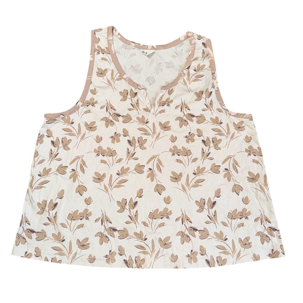 Pact Tank Top Women XL Cream Tan Floral Excellent Organic Cotton Split Neck